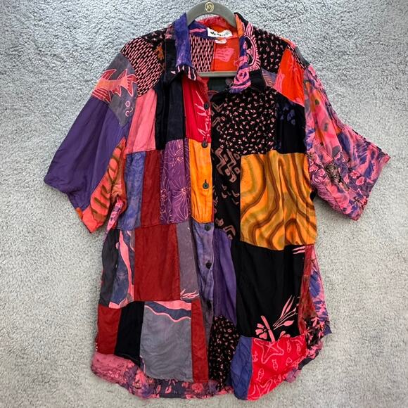 We Be Bop Women's 1X Patchwork Top Short Sleeve Multicolor Design Boxy Artistic - Picture 1 of 11